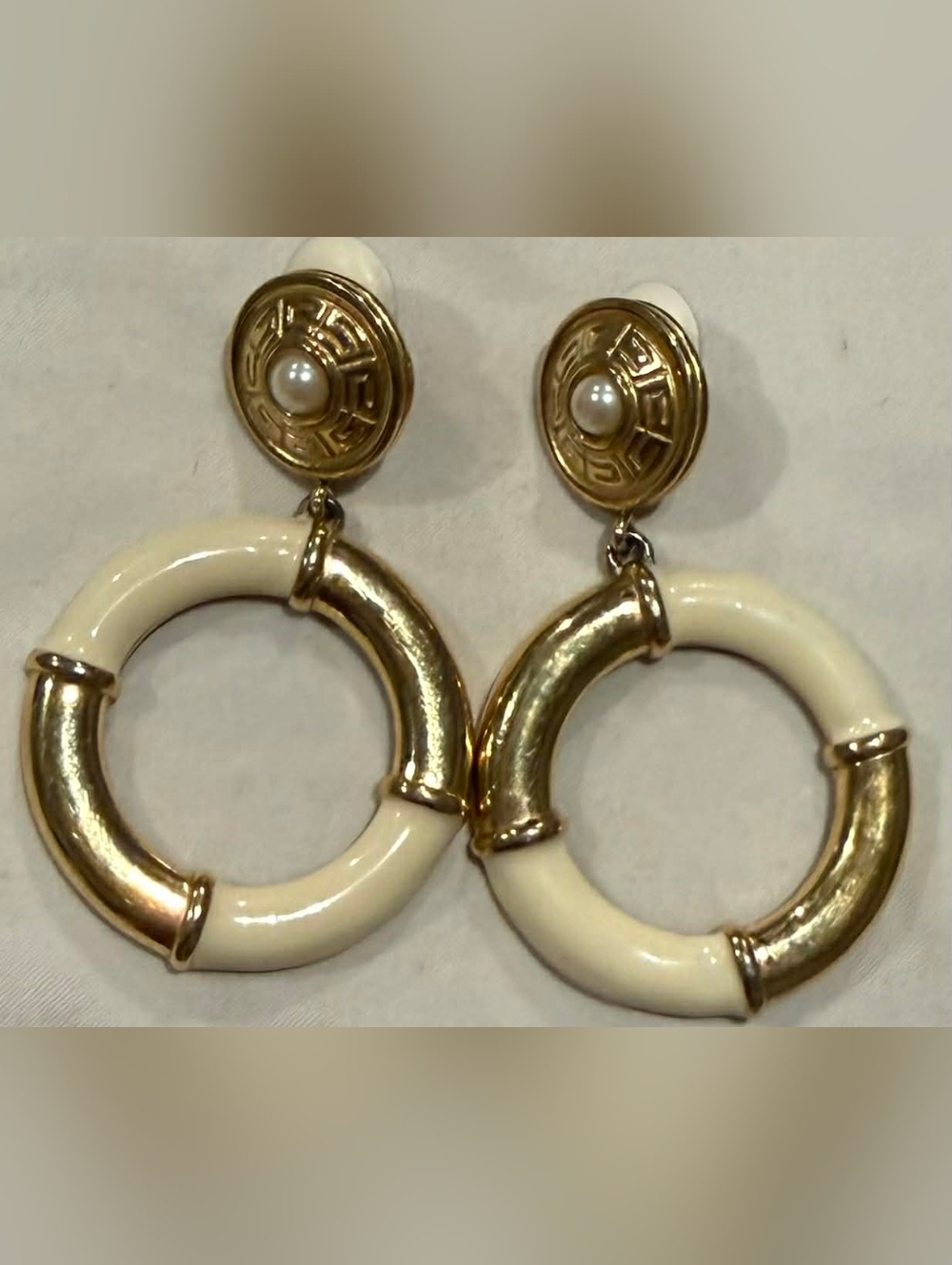 Givenchy Gold and Ivory Hoop Drop Earrings with Pearl Center